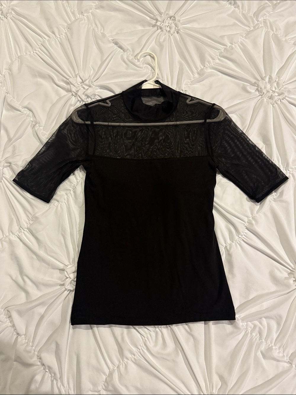 White House Black Market Black Short-Sleeve Top with Sheer Yoke